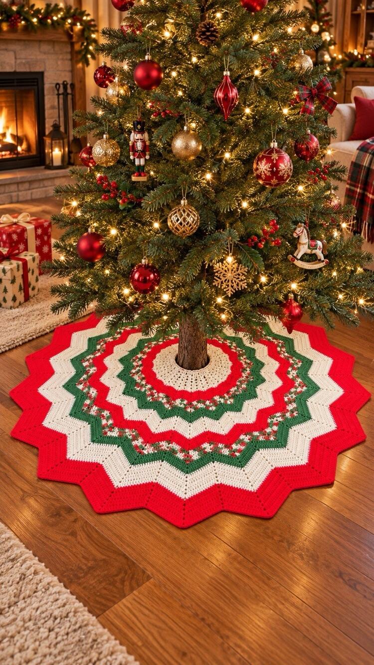 Vintage Handmade Crochet Christmas Tree Skirt 53” Red Green & White Chevron